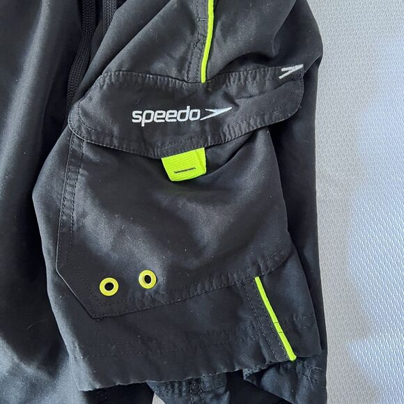 Speedo Swim Trunks Mens Small Black Green Board Shorts Pockets Mesh Briefs - Picture 2 of 5